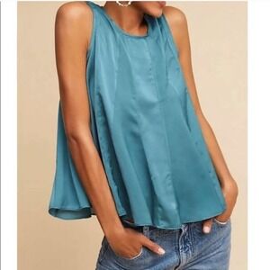 Eri + Ali Green Teal Satin Pleated Swing Blouse